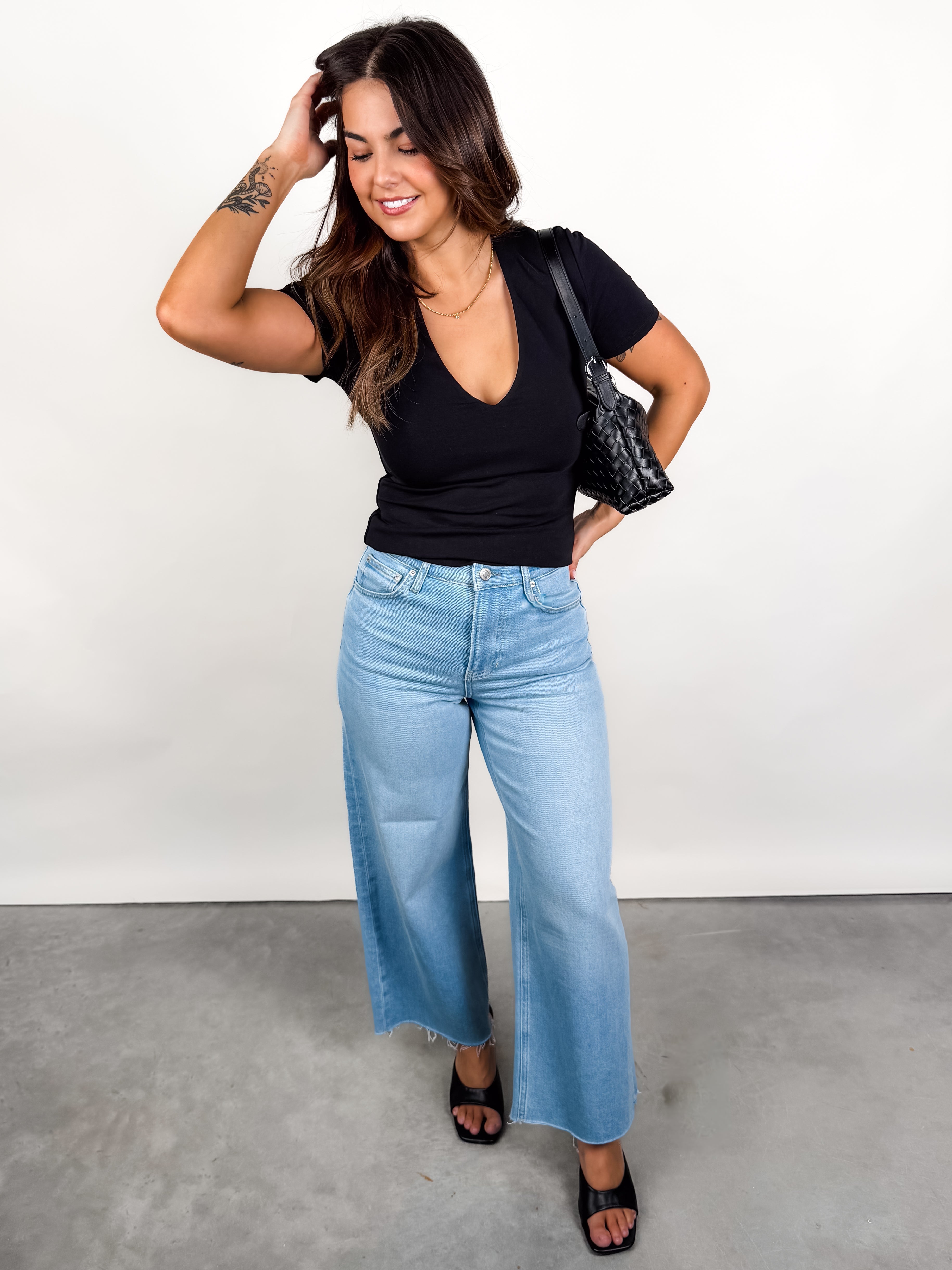 Valenna Cotton Core SS Deep V Neck Top Look image