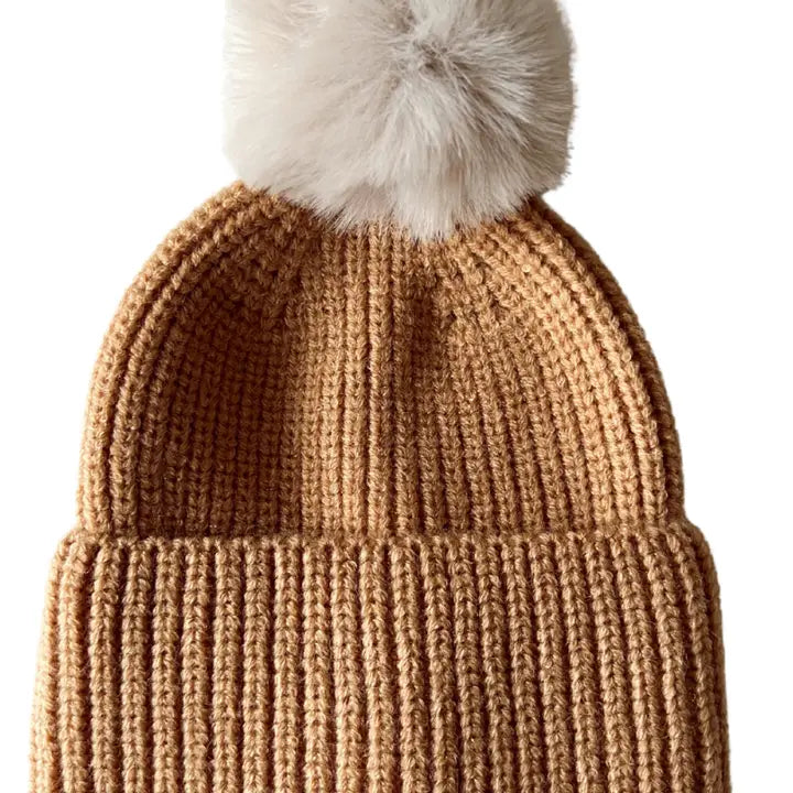 Rib Knit Fur Pom Hat