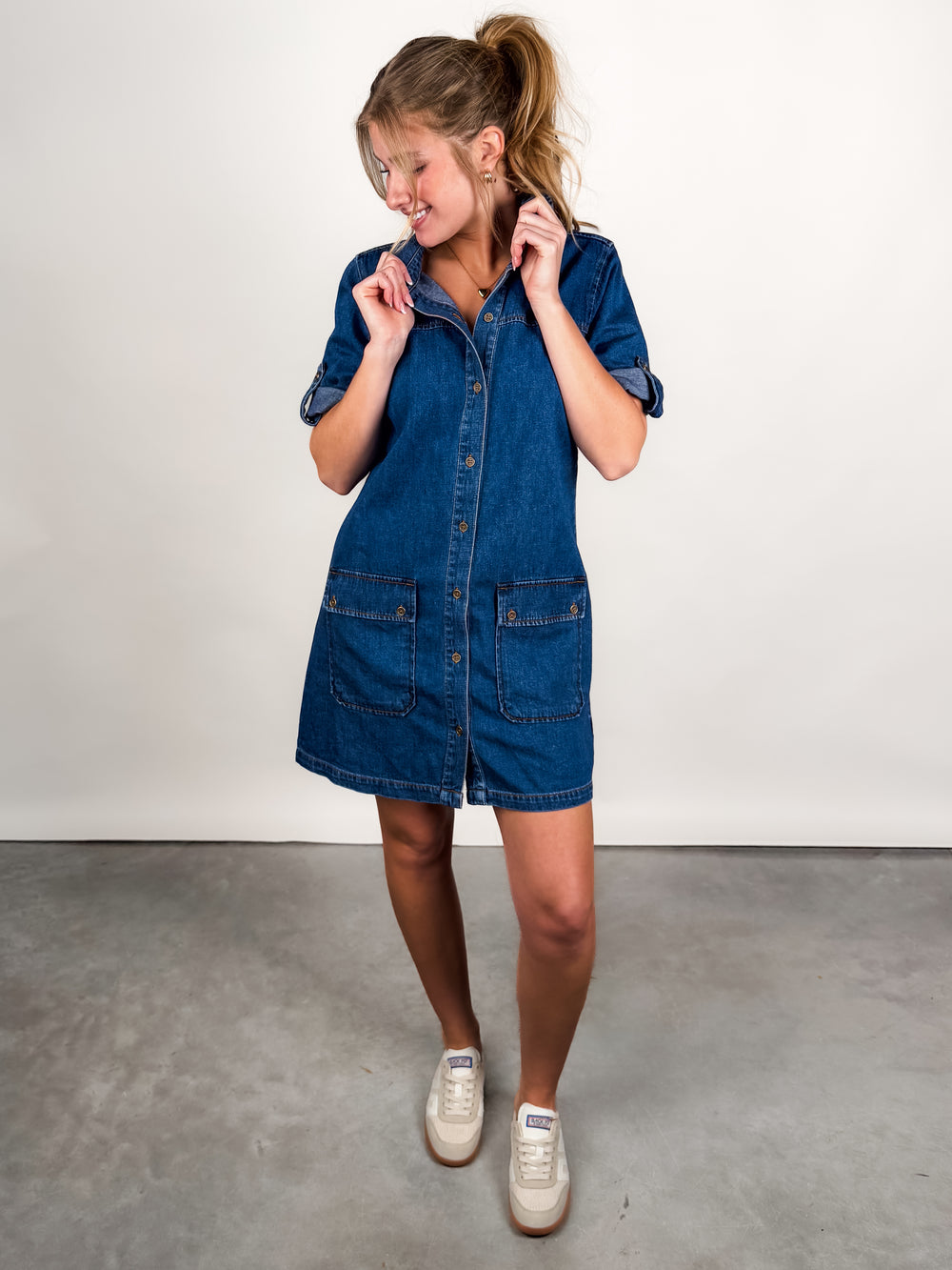 Eliza Rolled Up Sleeve Tab Dress