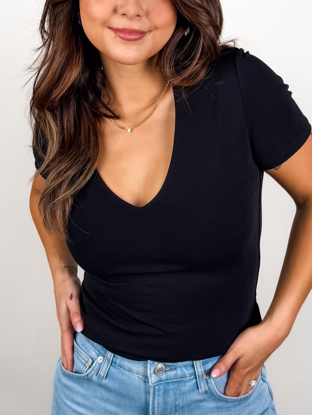 Valenna Cotton Core SS Deep V Neck Top