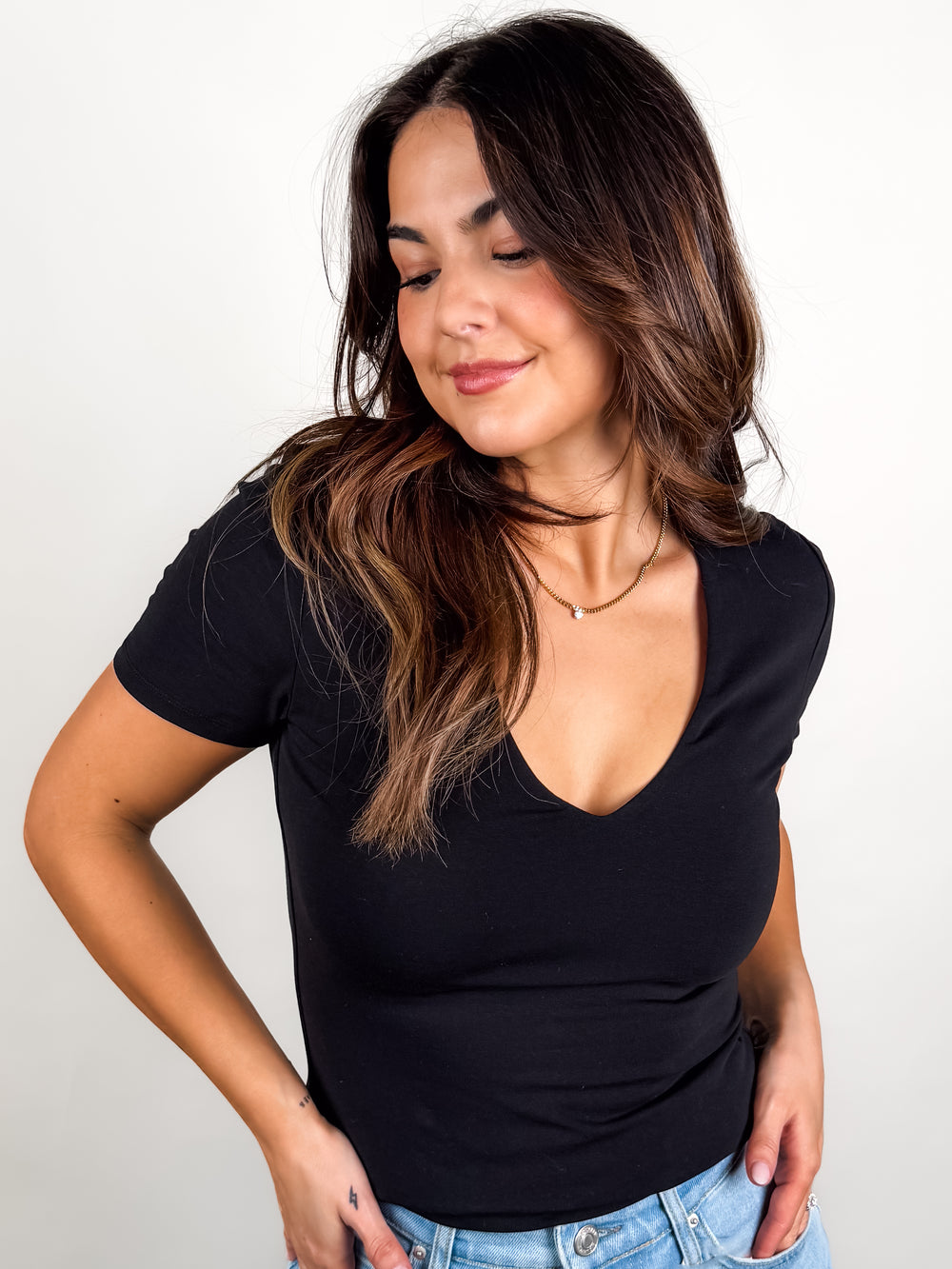 Valenna Cotton Core SS Deep V Neck Top