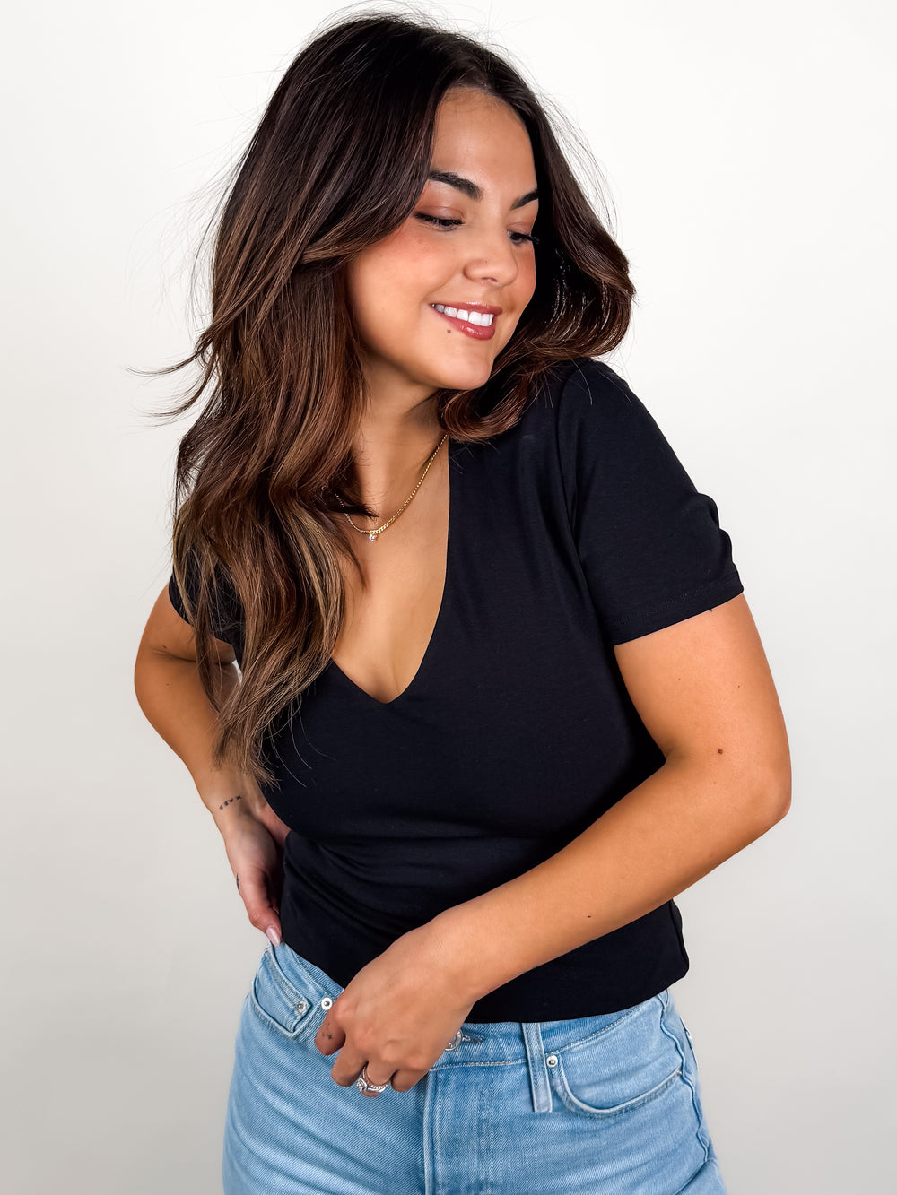 Valenna Cotton Core SS Deep V Neck Top