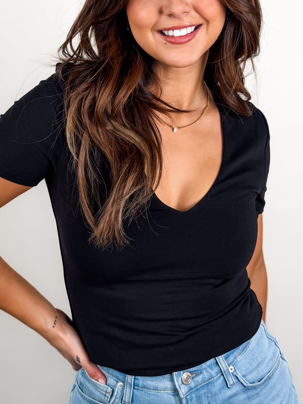 Valenna Cotton Core SS Deep V Neck Top